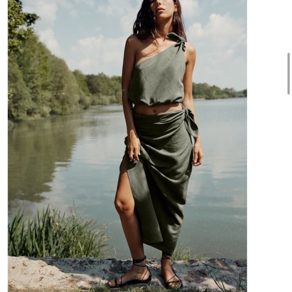 Zara Linen tied Midi skirt (green) - Picture 1 of 8